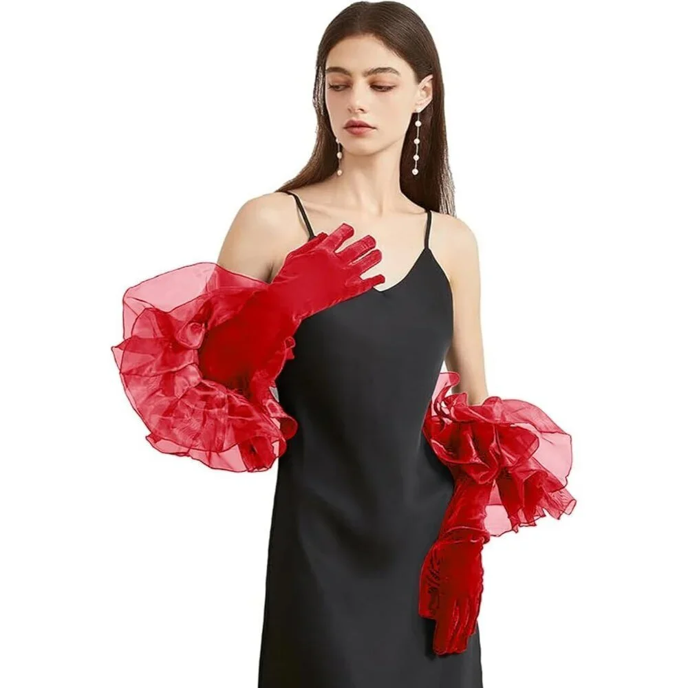 Women's Elegant Evening Dark Red Opera Velvet Ruffled Long Puff Sleeve Gloves